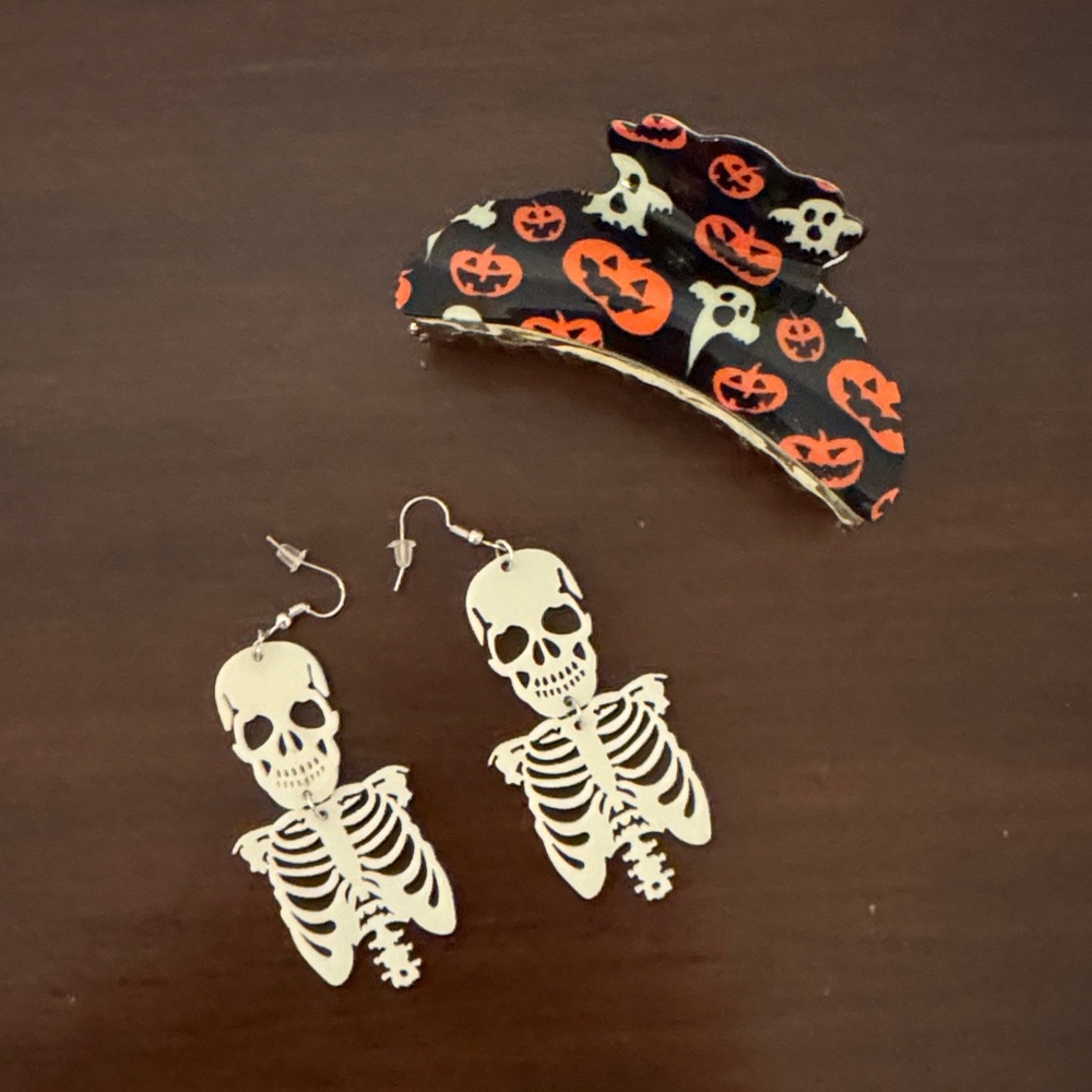 Halloween Skeleton Earrings and Pumpkin Hair Clip